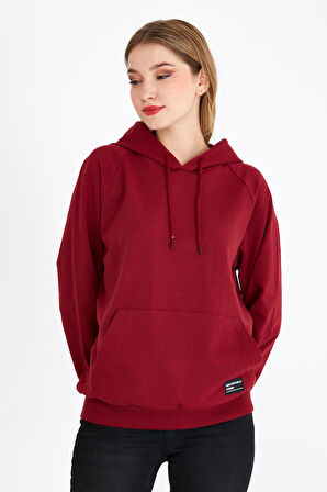 Metalic Kadın Bordo Kapüşonlu Basic Örme Sweatshirt 