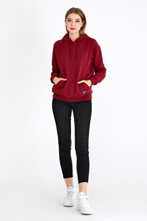 Metalic Kadın Bordo Kapüşonlu Basic Örme Sweatshirt 