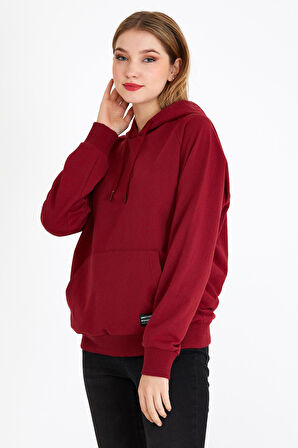 Metalic Kadın Bordo Kapüşonlu Basic Örme Sweatshirt 