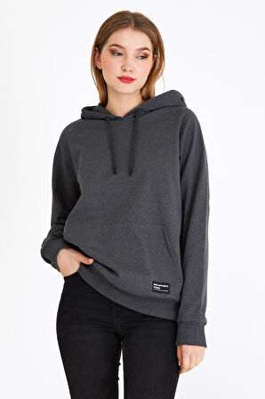 Kadın Antrasit Kapüşonlu Basic Örme Sweatshirt 