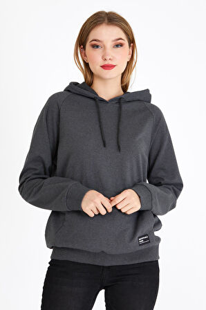 Kadın Antrasit Kapüşonlu Basic Örme Sweatshirt 