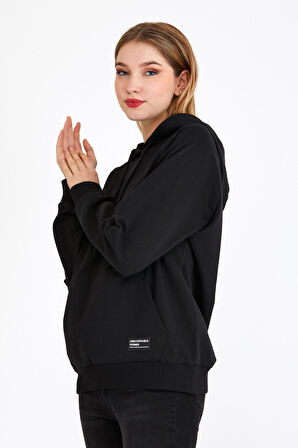 Kadın Siyah Kapüşonlu Basic Örme Sweatshirt 