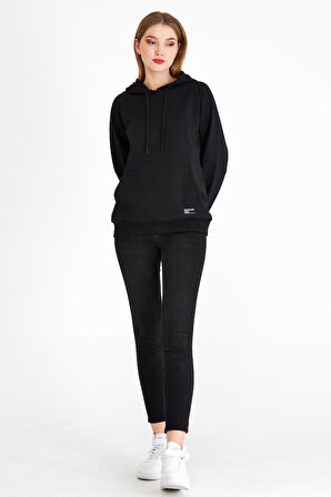 Kadın Siyah Kapüşonlu Basic Örme Sweatshirt 