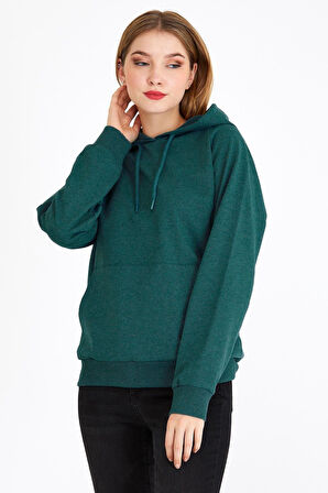 Kadın Yeşil Kapüşonlu Basic Örme Sweatshirt 