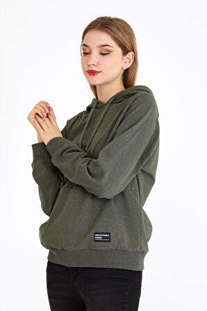 Kadın Haki Renk Kapüşonlu Basic Örme Sweatshirt 