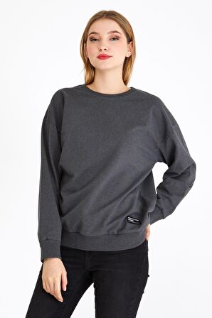 Metalic Kadın Antrasit Renk Basic Bisiklet Yaka Sweatshirt 