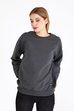 Metalic Kadın Antrasit Renk Basic Bisiklet Yaka Sweatshirt 