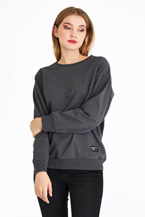 Metalic Kadın Antrasit Renk Basic Bisiklet Yaka Sweatshirt 