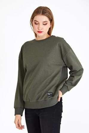 Metalic Kadın Haki Renk Basic Bisiklet Yaka Sweatshirt 