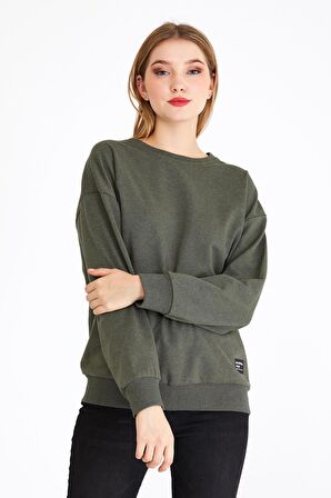 Metalic Kadın Haki Renk Basic Bisiklet Yaka Sweatshirt 