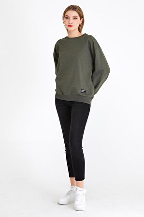 Metalic Kadın Haki Renk Basic Bisiklet Yaka Sweatshirt 