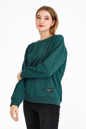 Metalic Kadın Yeşil Renk Basic Bisiklet Yaka Sweatshirt 