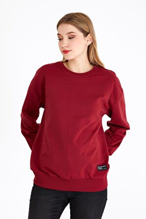 Metalic Kadın Bordo Renk Basic Bisiklet Yaka Sweatshirt 