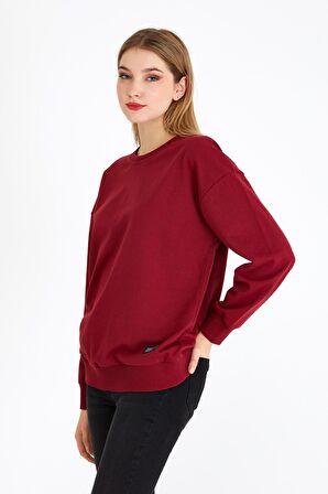 Metalic Kadın Bordo Renk Basic Bisiklet Yaka Sweatshirt 