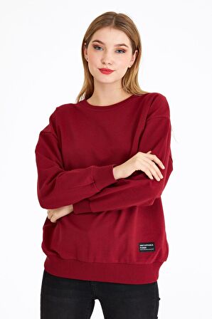 Metalic Kadın Bordo Renk Basic Bisiklet Yaka Sweatshirt 