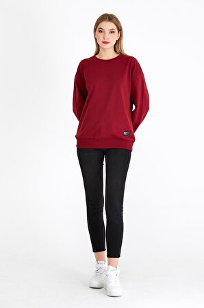 Metalic Kadın Bordo Renk Basic Bisiklet Yaka Sweatshirt 