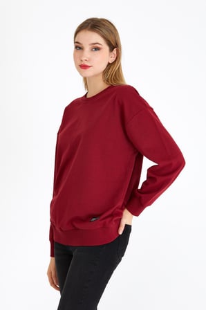 Metalic Kadın Bordo Renk Basic Bisiklet Yaka Sweatshirt 