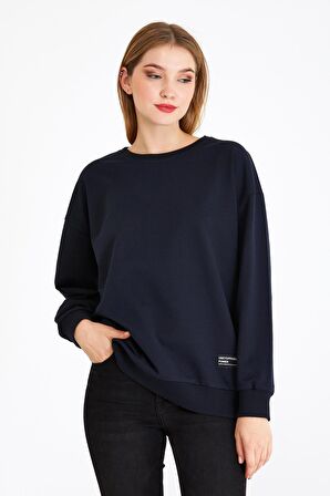 Metalic Kadın Lacivert Renk Basic Bisiklet Yaka Sweatshirt 