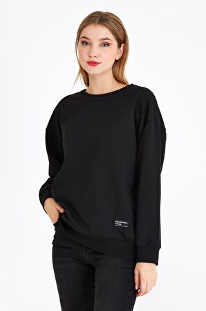 Metalic Kadın Siyah Renk Basic Bisiklet Yaka Sweatshirt 