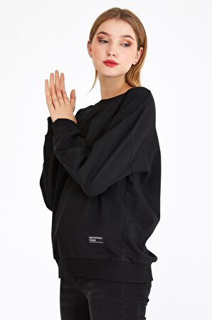 Metalic Kadın Siyah Renk Basic Bisiklet Yaka Sweatshirt 