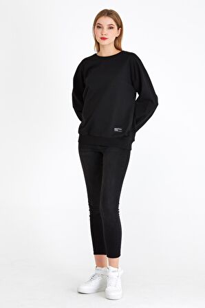 Metalic Kadın Siyah Renk Basic Bisiklet Yaka Sweatshirt 