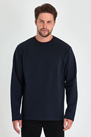 Erkek Lacivert Çift Bisiklet Yaka Standart Rahat Kesim Sweatshirt MTLCE68-LACİVERT