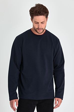 Erkek Lacivert Çift Bisiklet Yaka Standart Rahat Kesim Sweatshirt MTLCE68-LACİVERT