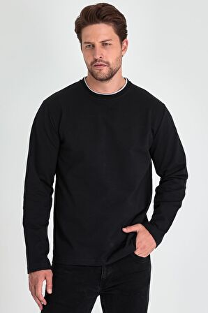 Erkek Siyah Çift Bisiklet Yaka Standart Rahat Kesim Sweatshirt MTLCE68-SİYAH