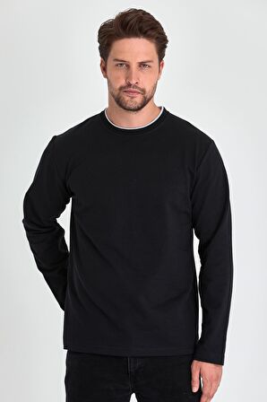 Erkek Siyah Çift Bisiklet Yaka Standart Rahat Kesim Sweatshirt MTLCE68-SİYAH