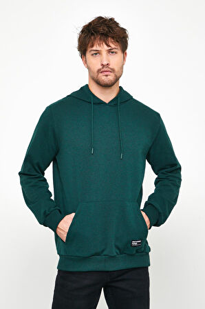 Koyu Yeşil Erkek Kapüşonlu Kanguru Cepli Sweatshirt 