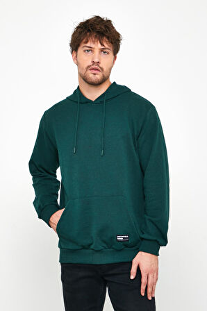 Koyu Yeşil Erkek Kapüşonlu Kanguru Cepli Sweatshirt 