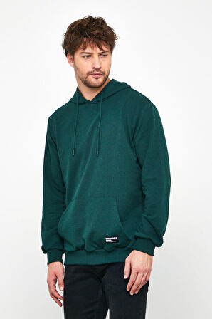 Koyu Yeşil Erkek Kapüşonlu Kanguru Cepli Sweatshirt 