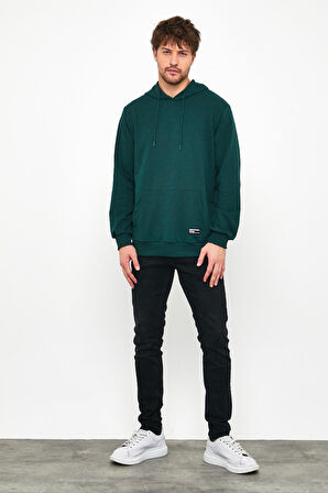 Koyu Yeşil Erkek Kapüşonlu Kanguru Cepli Sweatshirt 