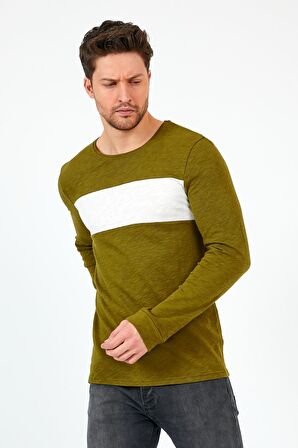 Haki Unisex Regular Fit Bisiklet Yaka Uzun Kollu  Şeritli Sweat