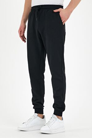 Siyah Erkek Eşofman Altı Etiketli Arka ve Yan Cepli Regular Fit
