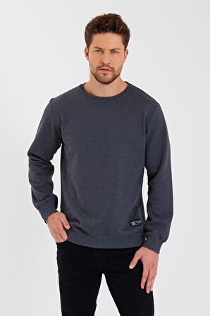 Bisiklet Yaka Etiket Detayı İçi Pamuklu Erkek Sweatshirt