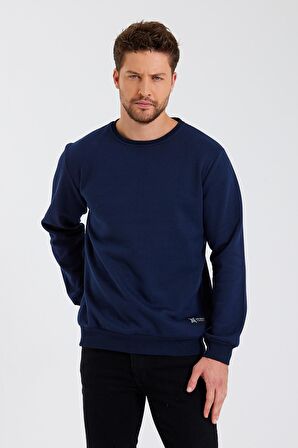 Bisiklet Yaka Etiket Detayı İçi Pamuklu Erkek Sweatshirt