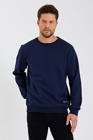 Bisiklet Yaka Etiket Detayı İçi Pamuklu Erkek Sweatshirt