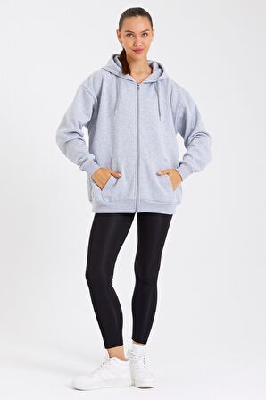 Kanguru Cepli Kapüşonlu Fermuarlı İçi Polarlı Kadın Hırka