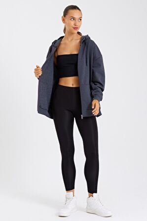 Kanguru Cepli Kapüşonlu Fermuarlı İçi Polarlı Kadın Hırka