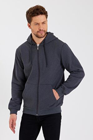 METALIC Siyah Kanguru Cepli Kapüşonlu Fermuarlı İçi Pamuklu Erkek Sweatshirt