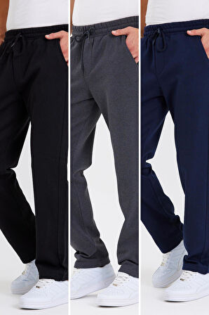 Siyah-Antrasit-Lacivert Arka Cepli Etiket Detaylı Düz Paça Erkek Içi Pamuklu 3lü Eşofman Altı Paketi