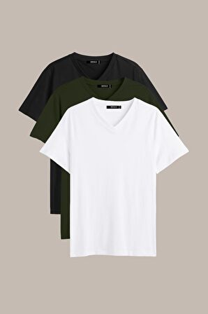 METALIC Erkek Çok Renkli T- Shirt Regular Fit Rahat Kesim V Yaka 3'lü Basic Tişört Paketi