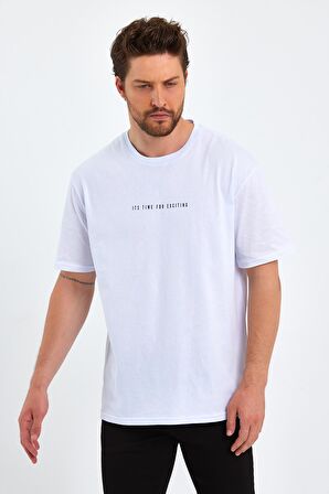  Erkek Beyaz Baskılı Basic Oversize Bisiklet Yaka Kısa Kollu T-shirt 