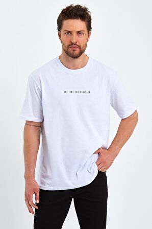  Erkek Beyaz Baskılı Basic Oversize Bisiklet Yaka Kısa Kollu T-shirt 