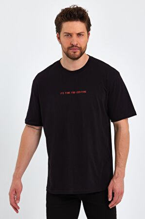  Erkek Beyaz Baskılı Basic Oversize Bisiklet Yaka Kısa Kollu T-shirt 