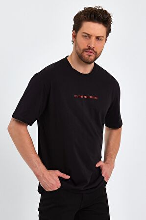  Erkek Beyaz Baskılı Basic Oversize Bisiklet Yaka Kısa Kollu T-shirt 