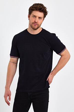 Erkek Siyah Basic Kolları Şeritli %100 Pamuk Bisiklet Yaka Regular Fit T-shirt