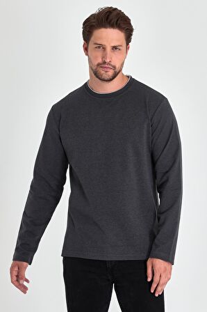 Erkek Antrasit Çift Bisiklet Yaka Standart Rahat Kesim Sweatshirt