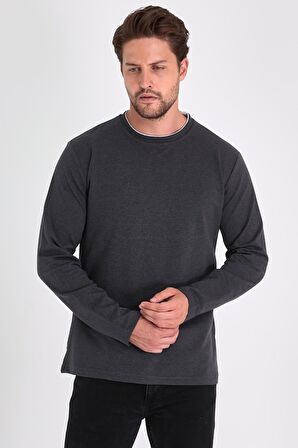 Erkek Antrasit Çift Bisiklet Yaka Standart Rahat Kesim Sweatshirt